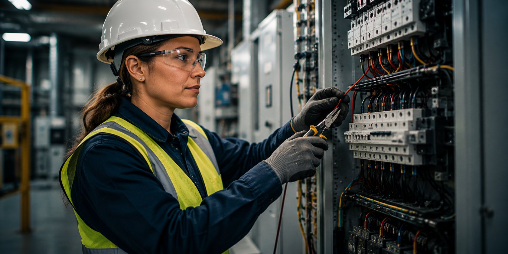 An electrician at an electrical panel