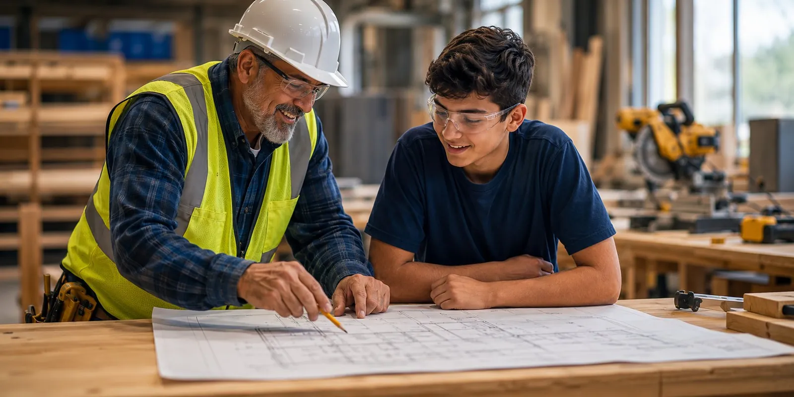 A mentor and apprentice reviewing plans