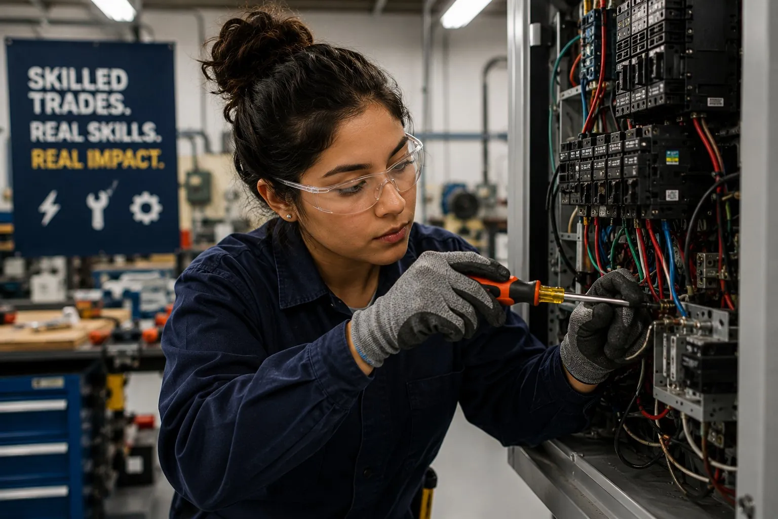 An electrician wiring a control panel