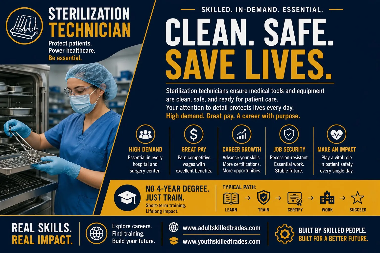 Sterilization Technician. Clean Safe Save Lives career poster